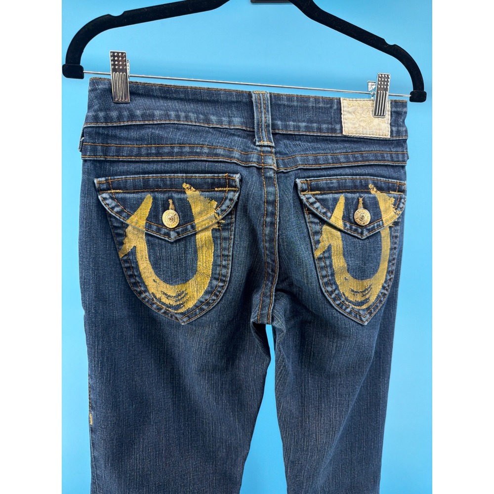 True Religion Womens 27 Painted Horseshoe Low Rise Straight Leg Jeans Dark Wash - Picture 3 of 6